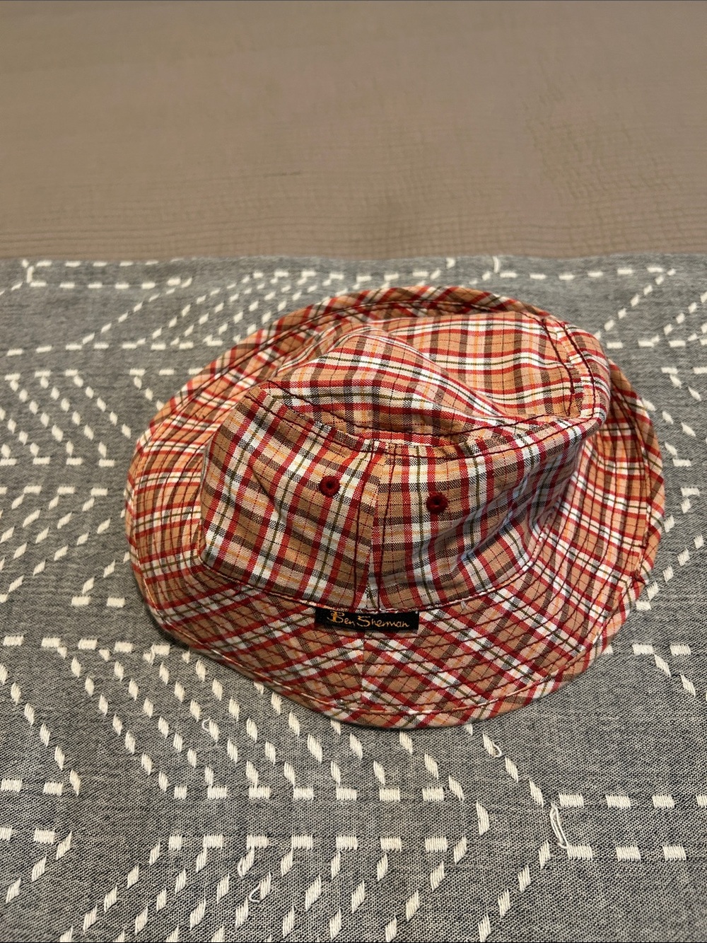 Ben Sherman Red and Cream Plaid Bucket Hat with Subtle Logo